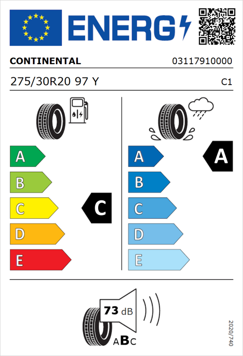 Tyre Label for Continental SportContact 6 ContiSilent 275/30R20 97Y