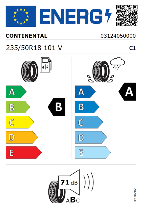 Tyre Label for Continental UltraContact 235/50R18 101V