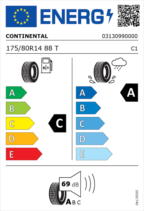 Tyre Label for Continental UltraContact 175/80R14 88T